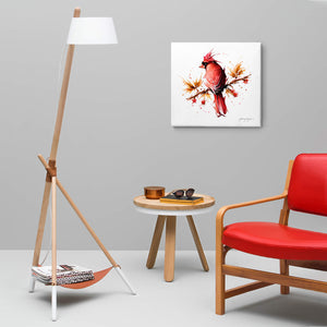 Cardinal bird canvas wall art hanging in a living room.