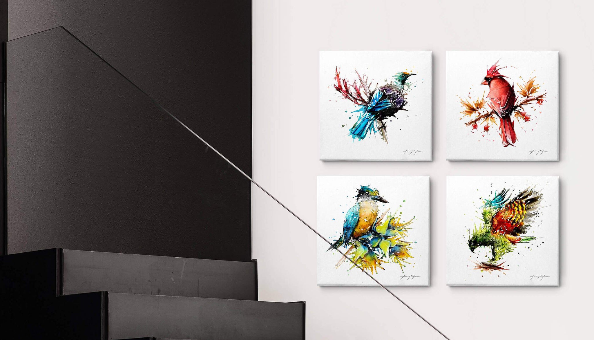 Watercolour bird canvas wall art hanging on a living room.