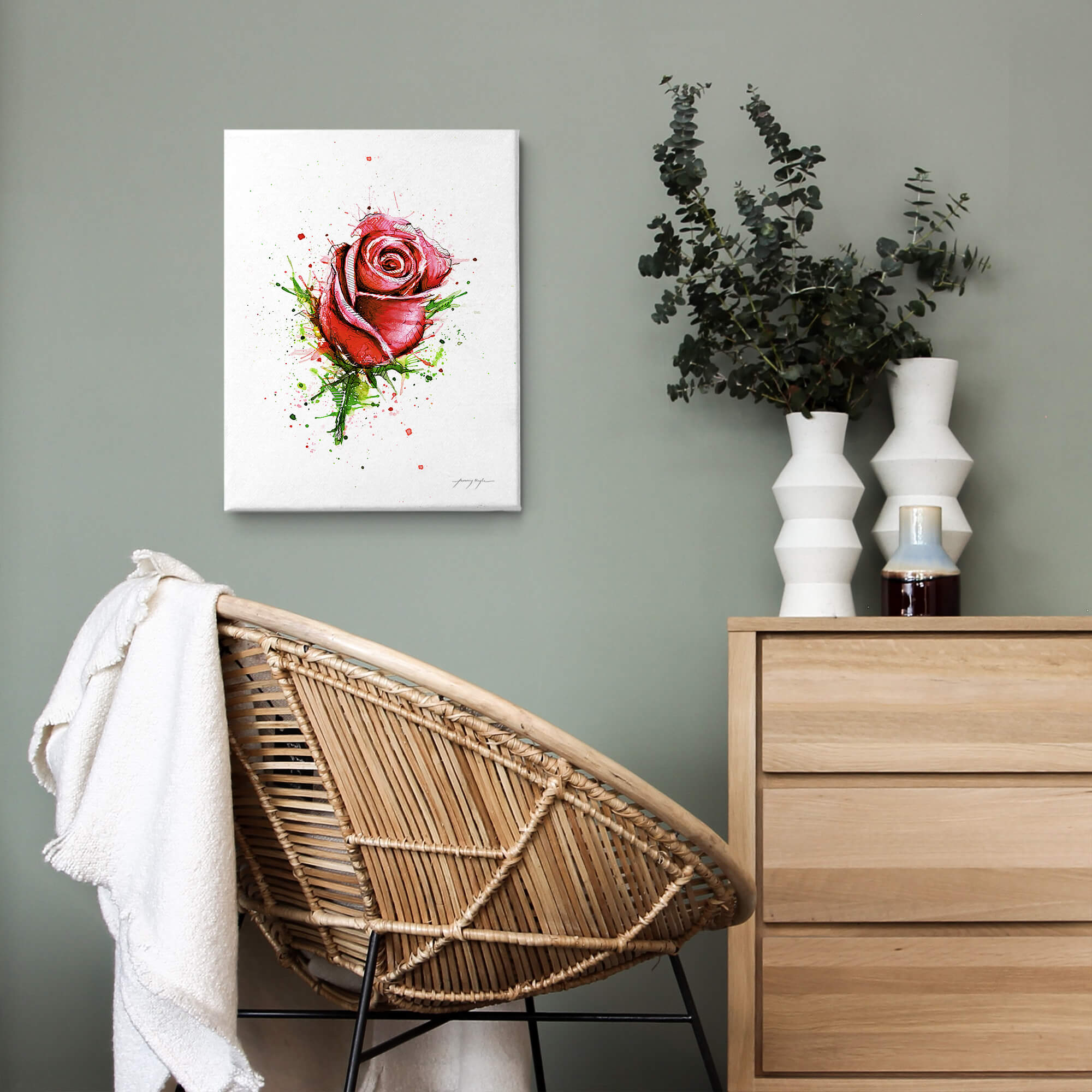 Image of a rose canvas print hanging on a wall